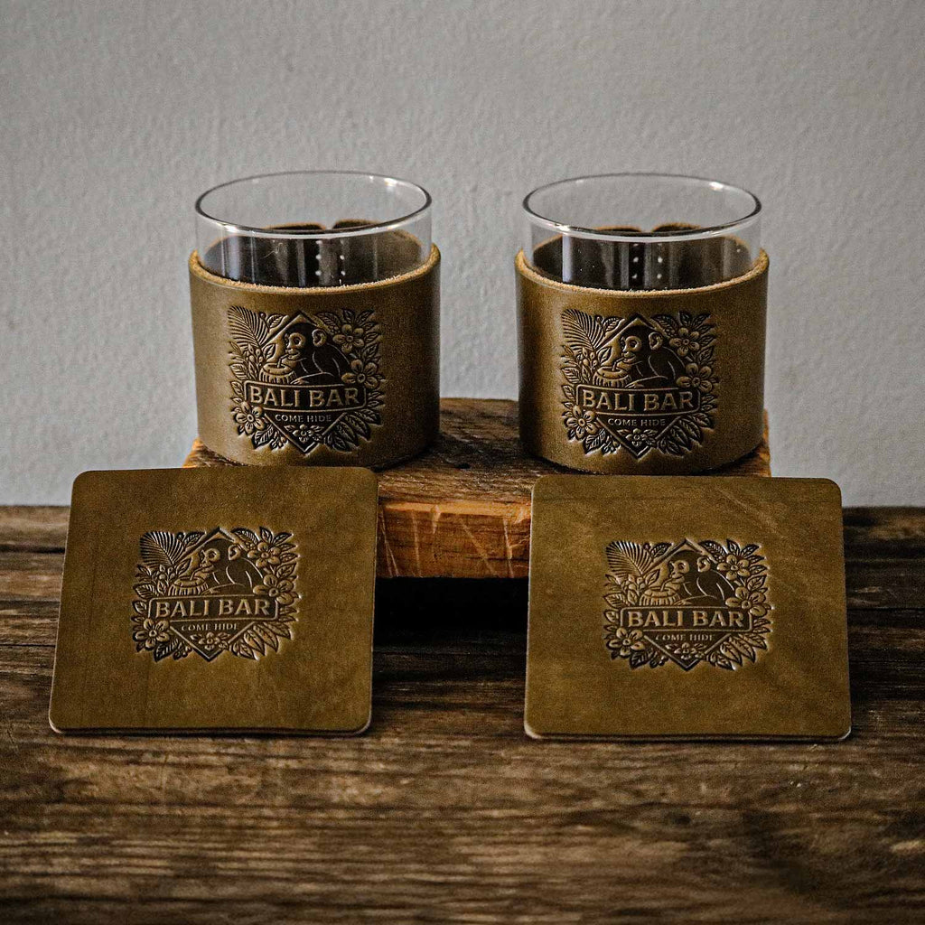 Bali Bar Leather Coaster & Glass Set – Set of 4